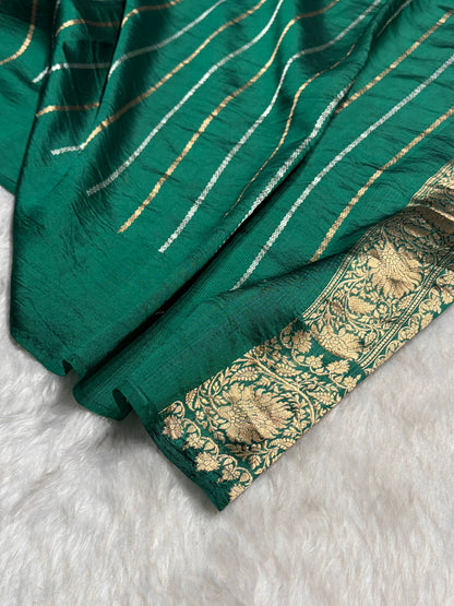 Contrast Wine With Bottle Green Boota Handwoven Pure Katan Raw Mango Silk RM-33