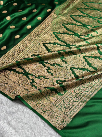 Banarasi Bottle Green Booti Pattern Satin Katan Silk Saree SK65