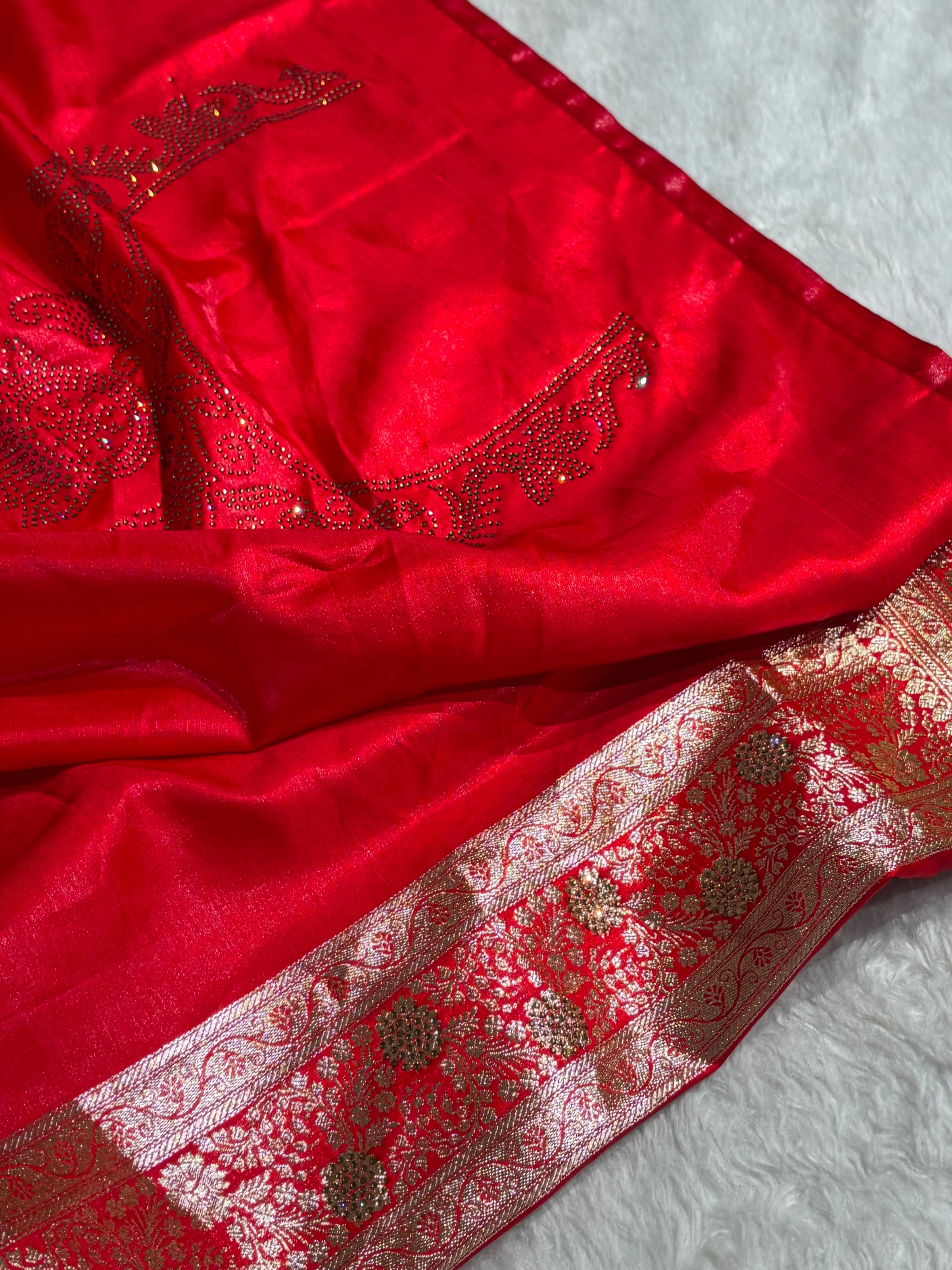 Light Weight Red Satin Silk Saree with Swarovski work BSS14