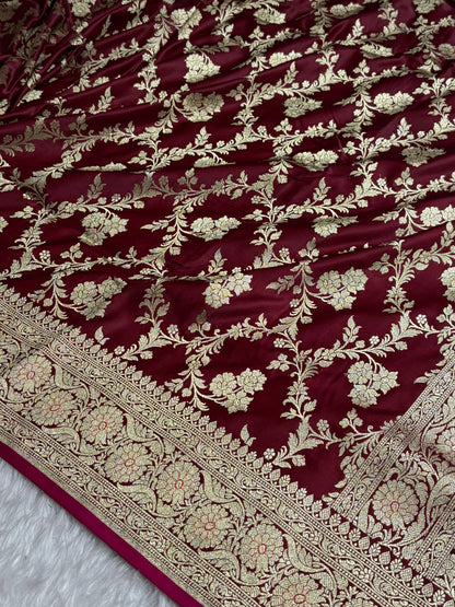 Banarasi Garnet Jaal Soft Katan Silk Saree