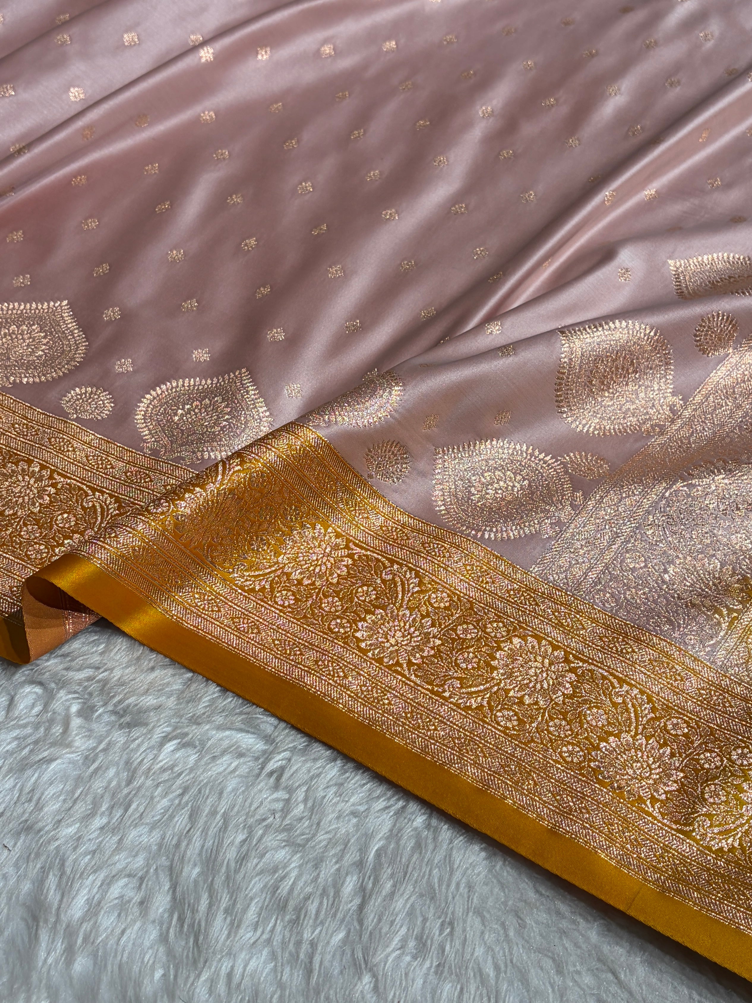 Banarasi Rose Gold with Mustard Booti Satin Katan Silk saree SK29