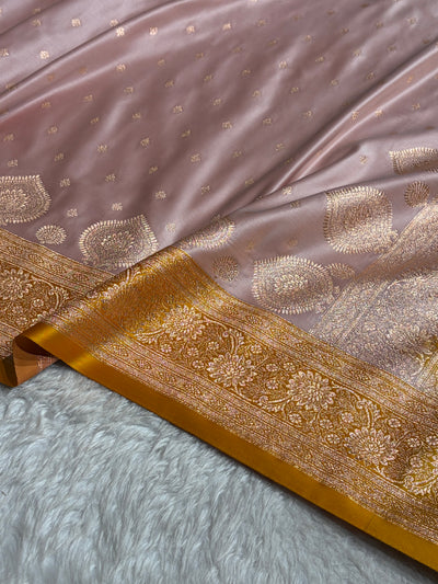 Banarasi Rose Gold with Mustard Booti Satin Katan Silk saree SK29