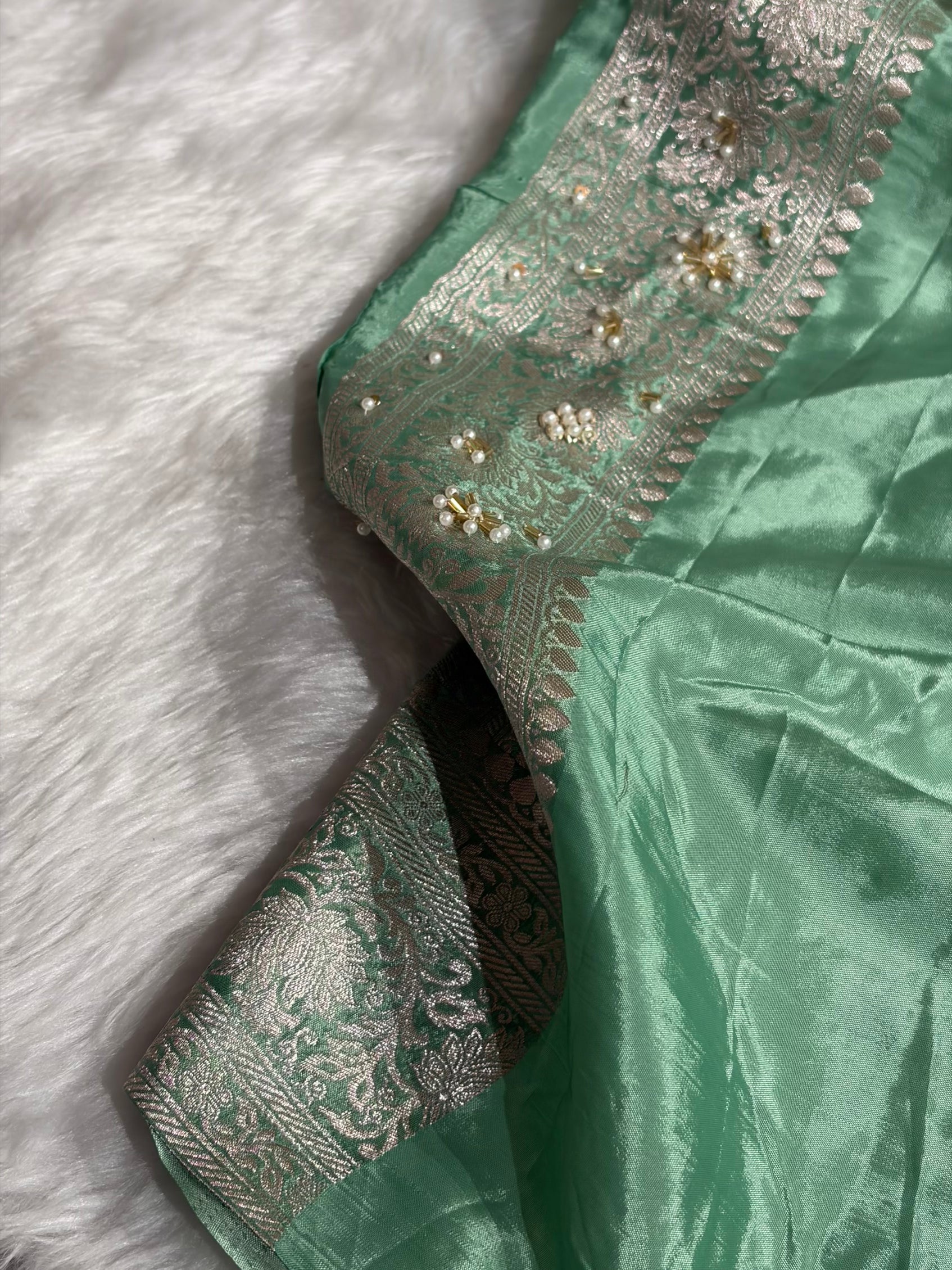 Sea Green Crepe Silk Katan With Zardozi and Gotta Patti Work Banarasi Saree BCSK-02