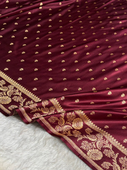 Chocolate Shades Floral Pattern Satin Katan Silk Saree SK77