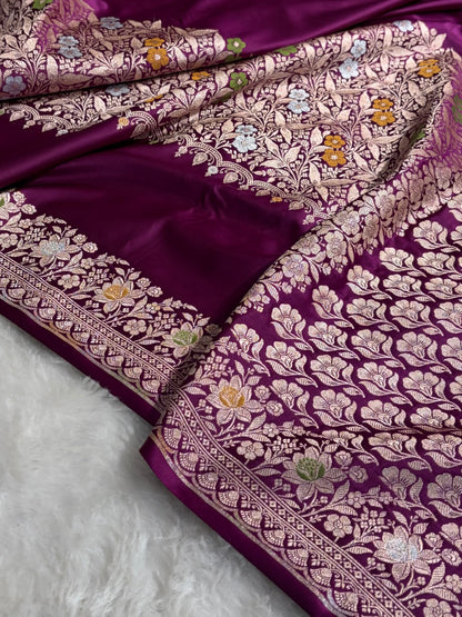 Wine Shades Banarasi Minakari Boota Skirt Pattern Floral Mashru Silk Saree MSM-116