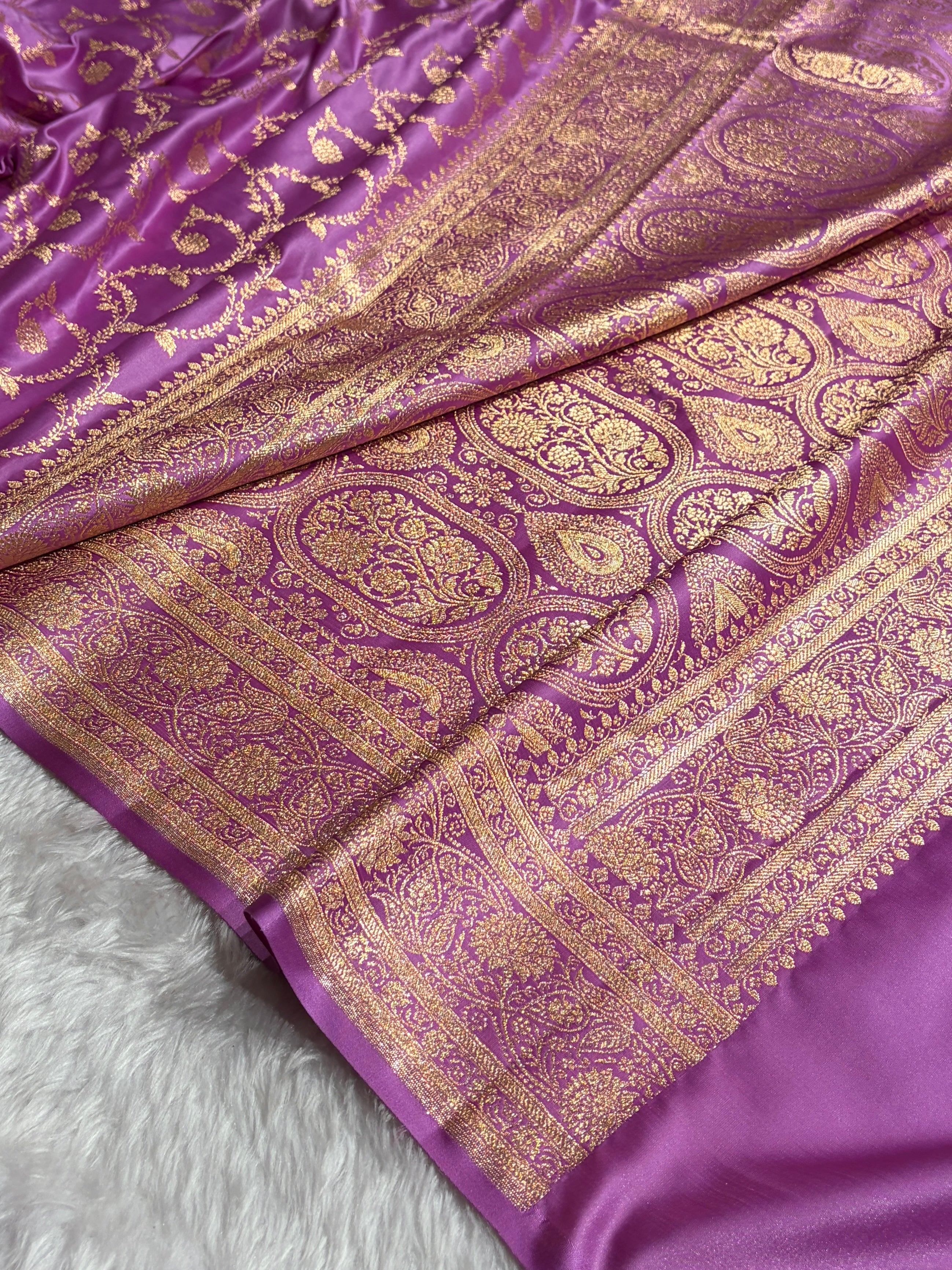 Lavender Shades Floral Jaal Pattern Satin Katan Silk saree SK55
