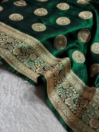 Bottle Green Shades Banarasi With Swarovski Stone Work Satin Silk Saree BSS33