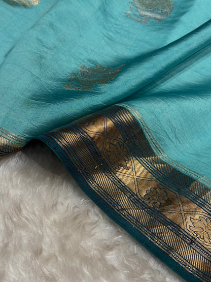 Contrast Firozi With Navy Border Minakari Boota Handwoven Raw Mango Silk RM-29