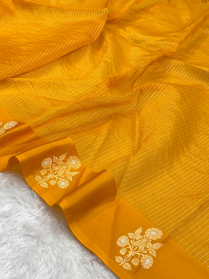 Pure Banarasi Organza Mustard Shades With Satin Border Floral Banarasi Silk Saree PO-22