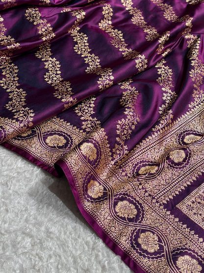 Wine Floral Cross Pattern Satin Katan Silk Saree SK74