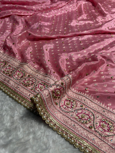 Blush Pink Shades Border Crepe Silky Katan With Ari Zardozi & Gotta Patti Work  Banarasi Saree BCSKGP-04