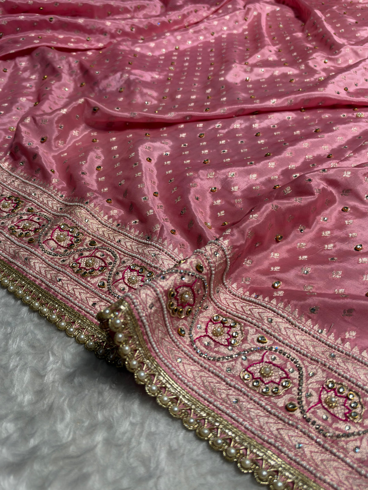 Blush Pink Shades Border Crepe Silky Katan With Ari Zardozi & Gotta Patti Work  Banarasi Saree BCSKGP-04