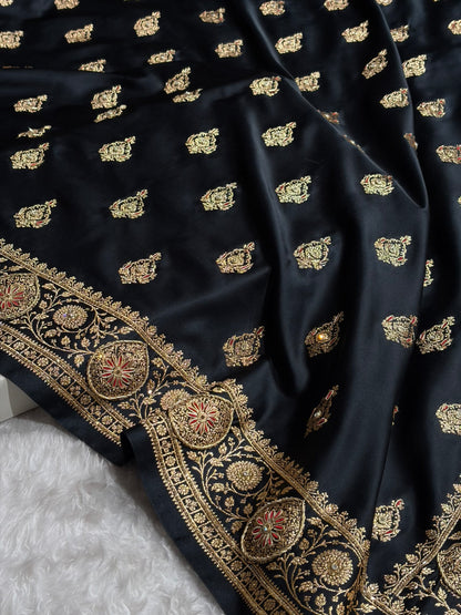 Banarasi Satin Katan Saree With Aari Zardozi Work Boota in Black Shades BSK98