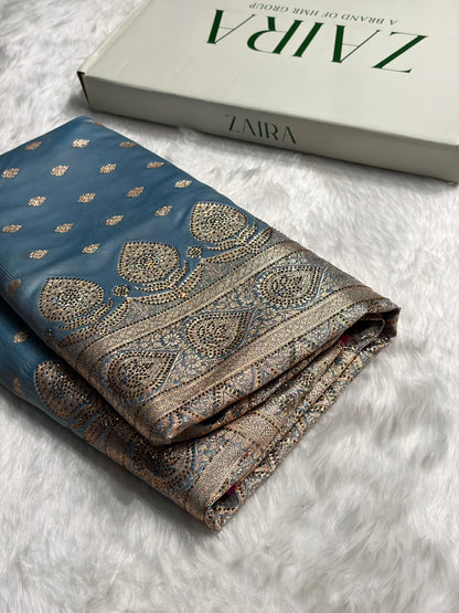 Sky Blue Swarovski Work Booti Satin Katan Silk Saree BSK10