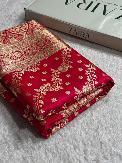 Satin Silk Saree Cross with Booti in Cross Rani Shades SS24