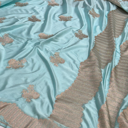 Sky Blue Scallop Floral Boota Mashru Silk Saree