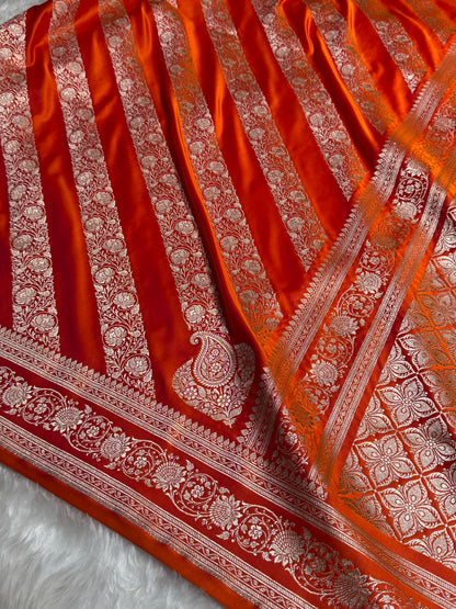 Orange Shades Banarasi Cross Pattern Floral Mashru Silk Saree MSM-102