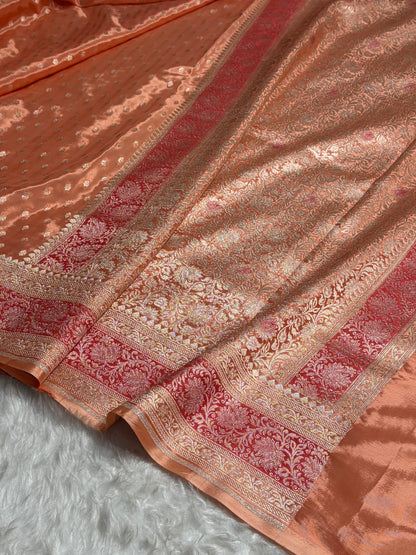 Peach Shades With Contrast Border Crepe Silky Katan Banarasi Saree CSK-02
