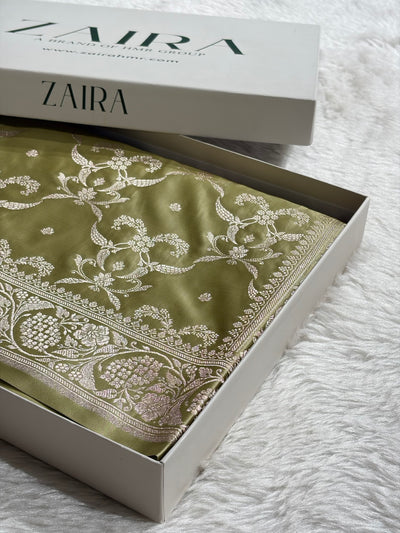 Pista Shades Banarasi With Floral Jaal Pattern Mashru Silk Saree MSM-134