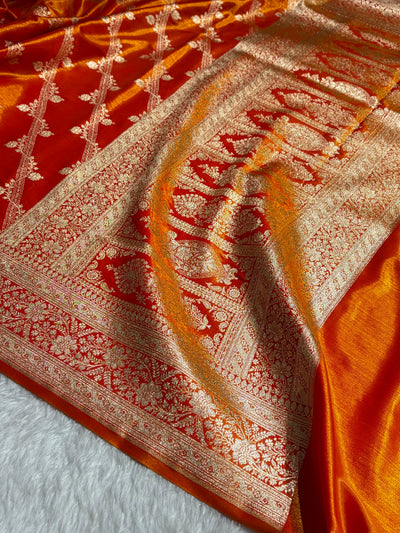 Fire Gold Shades Cross Pattern Banarasi Satin Silk Saree SS50