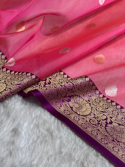 Contrast Pure Banarasi Organza Baby Pink With Wine Floral Banarasi Silk Saree PO-11