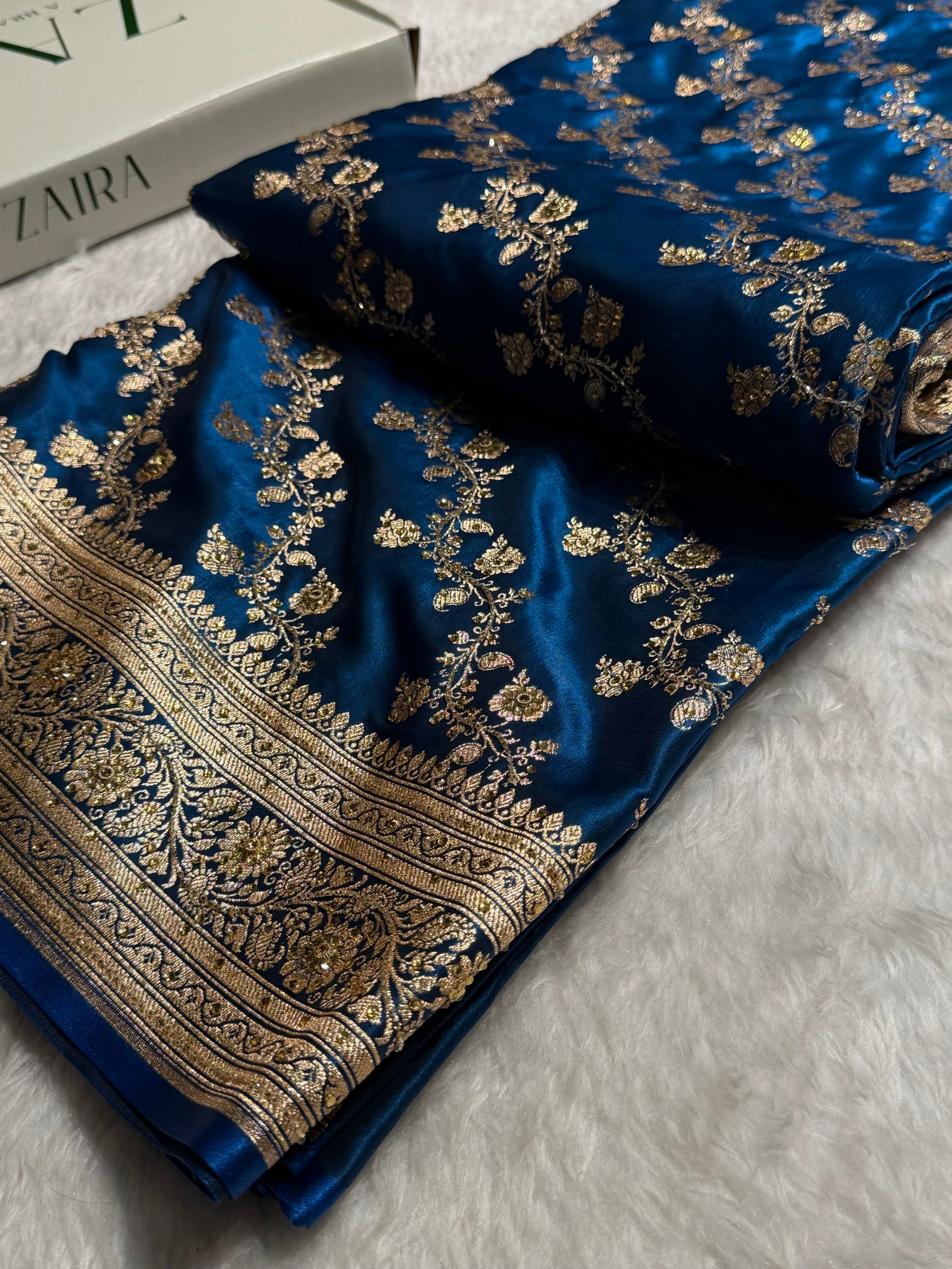 Banarasi German Blue Satin Cross with Ari and Stone BSS11