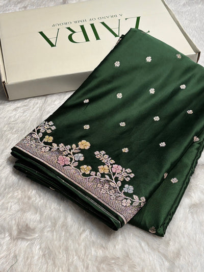Bottle Green Shades Minakari Floral Border Booti Mashru Silk Saree MCS75