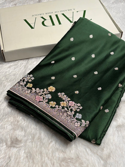 Bottle Green Shades Minakari Floral Border Booti Mashru Silk Saree MS75