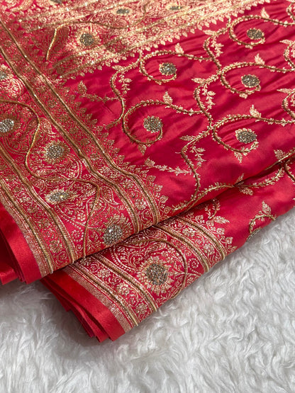 Banarasi Gajri Shades Jaal Pattern With Swarovski Stone & Zardozi Satin Katan Silk Saree BSK55