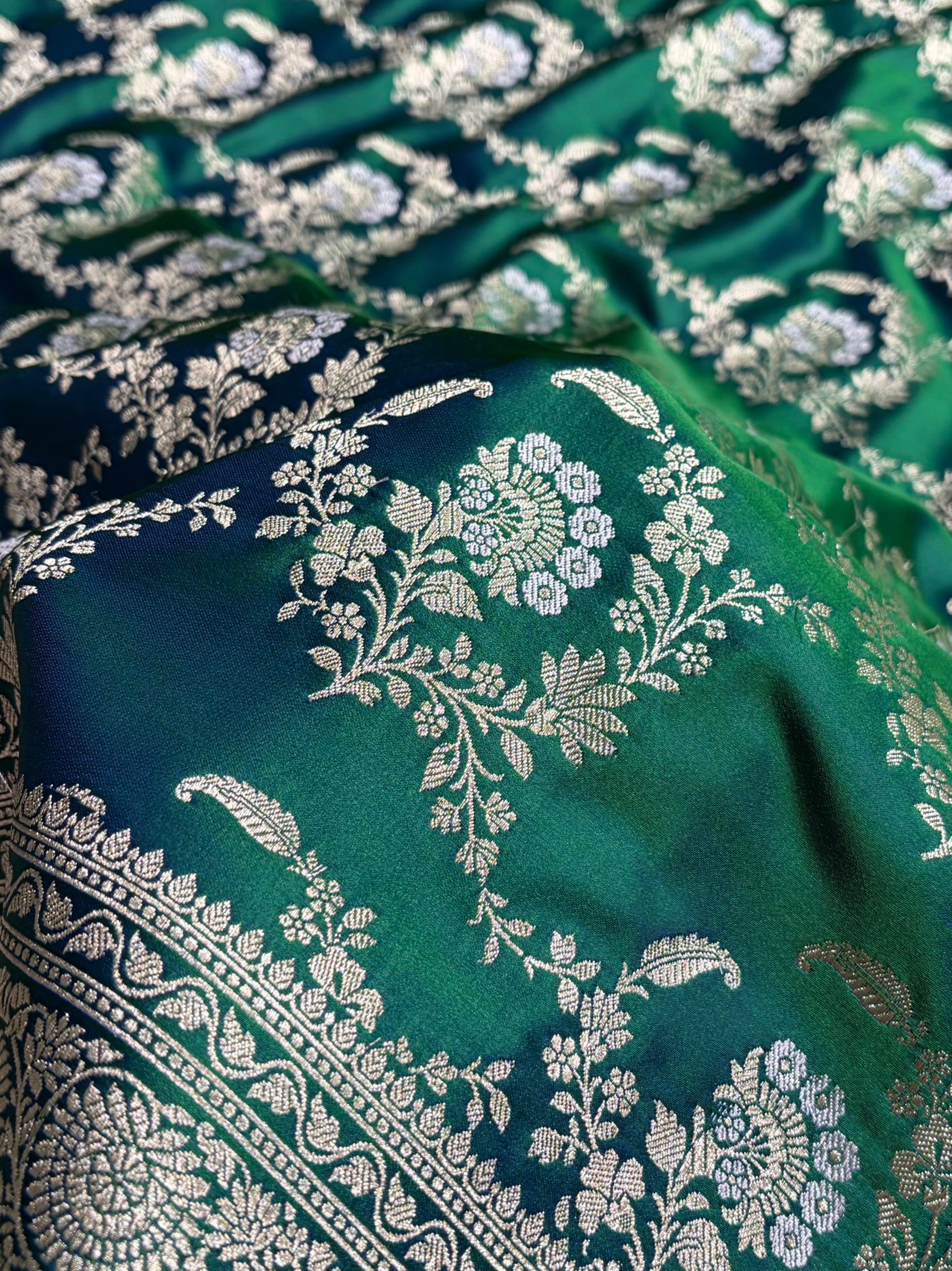Banarasi Satin Katan Saree With Minakari Jaal Pattern in Cross Green Shades SK126