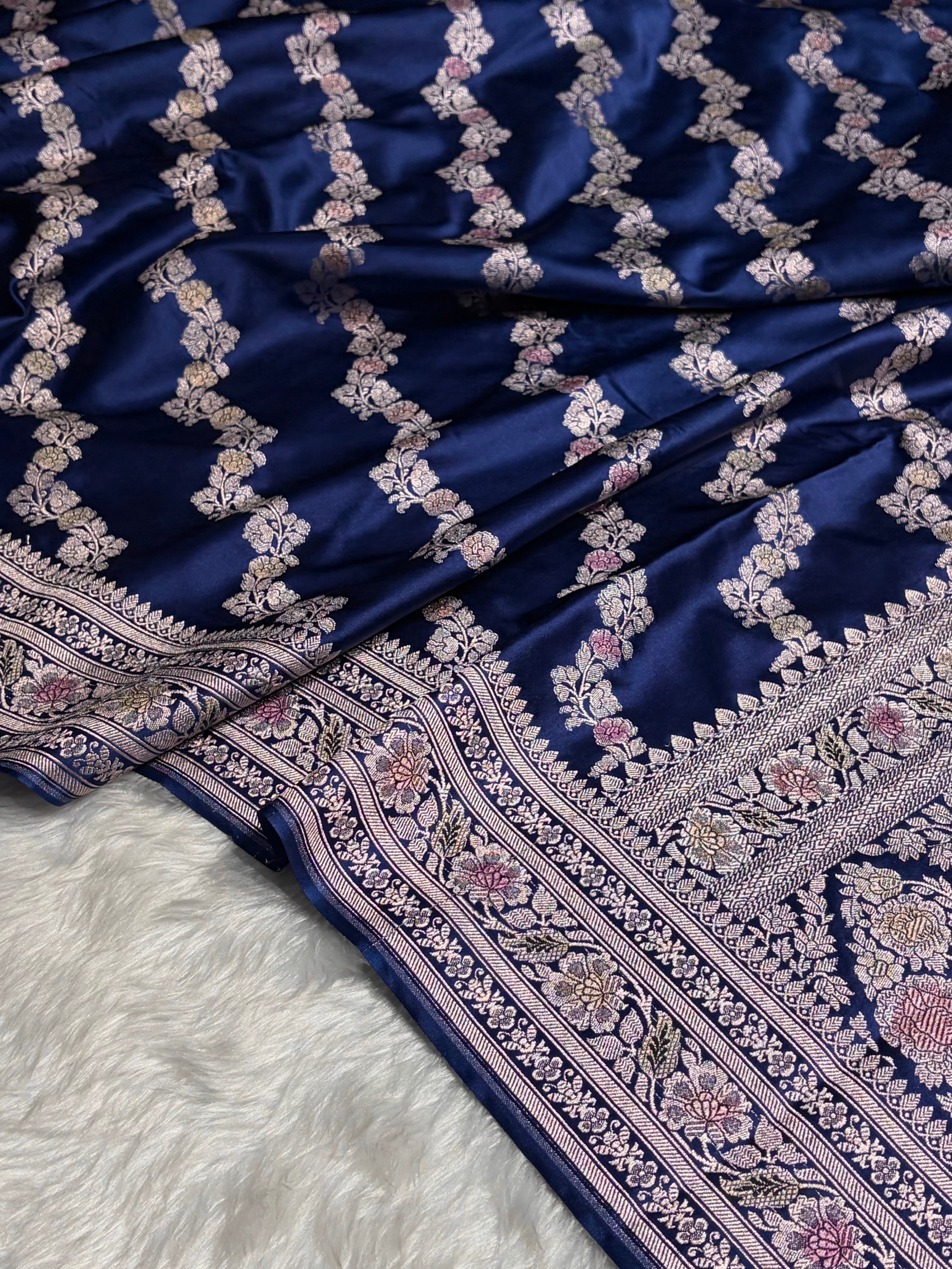Royal Blue Shades Banarasi Minakari Mashru Silk Saree With Cross Pattern MS02