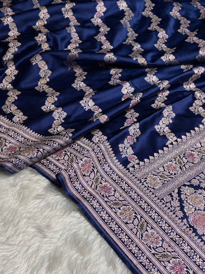 Royal Blue Shades Banarasi Minakari Mashru Silk Saree With Cross Pattern MS02