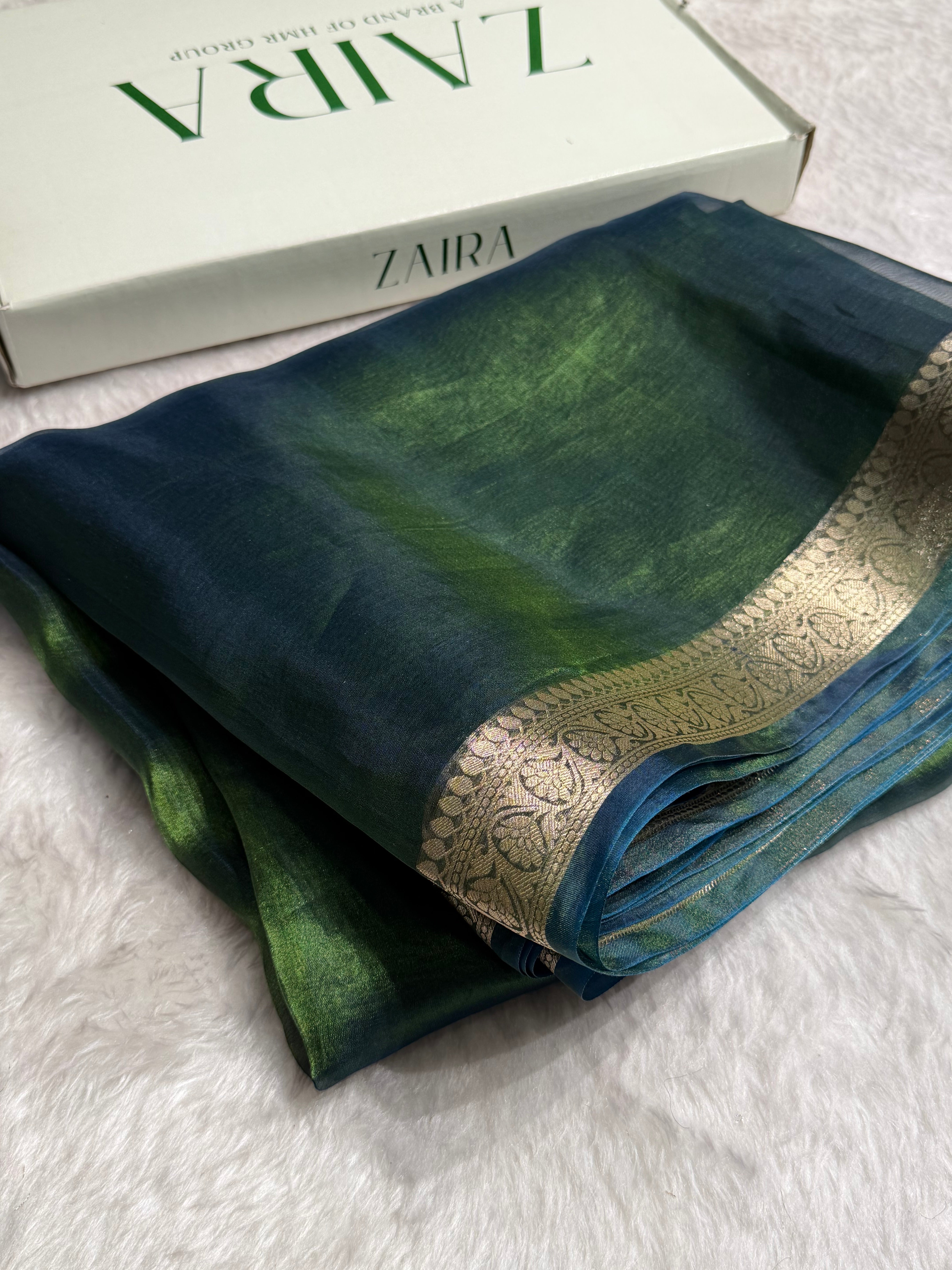 Banarasi Bottle Green Shades Pure Tissue Silk Saree with Brocade Blouse PT-09