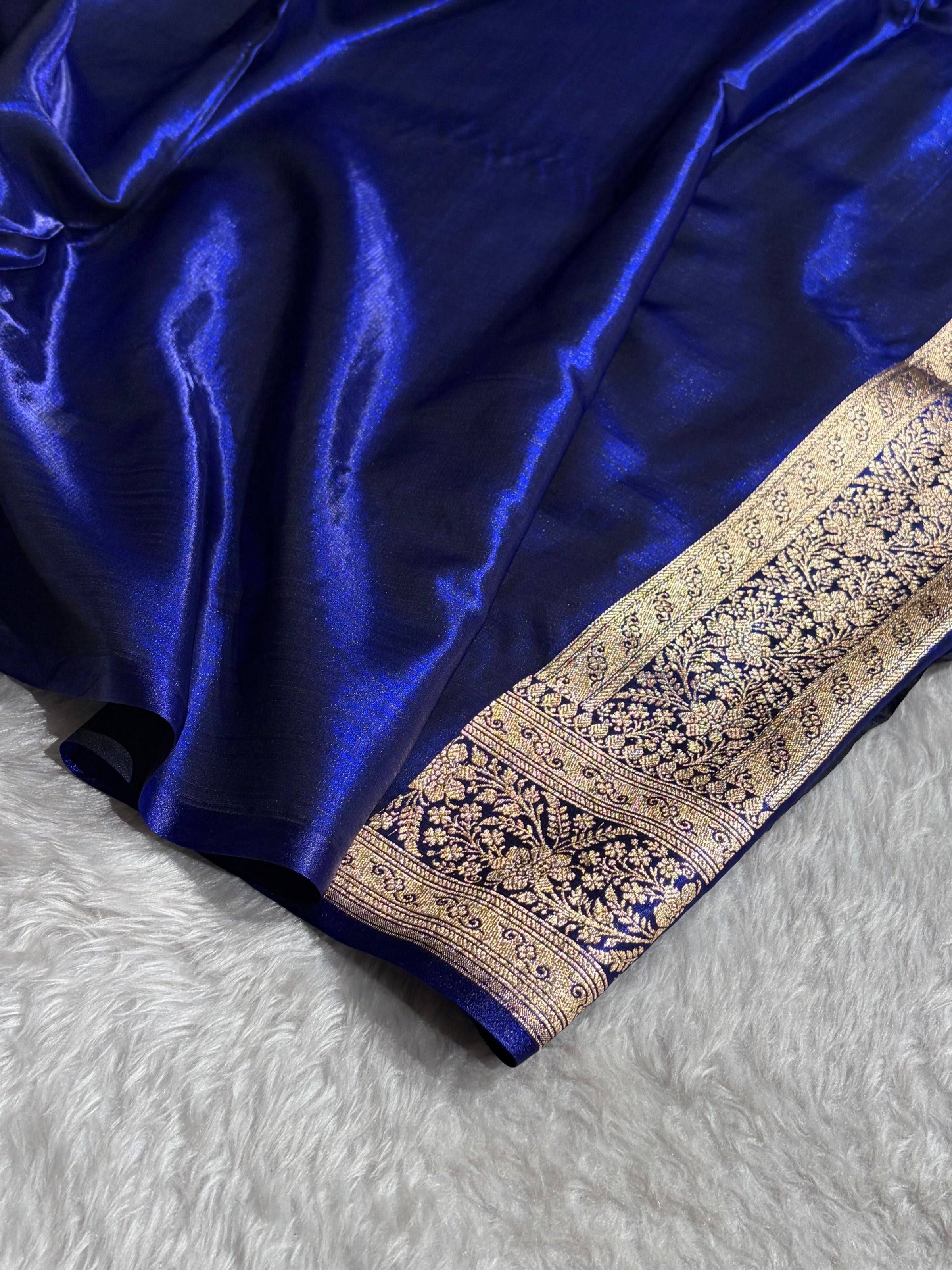 Royal Blue Shades Stripe Pattern Banarasi Satin Silk Saree SS46