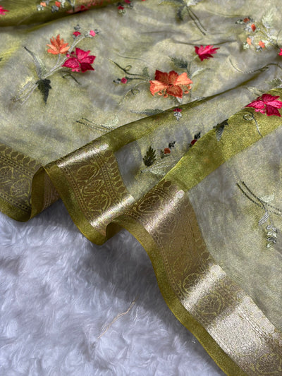 Light Green Shades With Floral Embroidered Pure Tissue Silk Saree with Brocade Blouse PTE-09