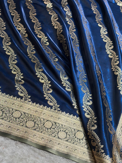 Royal Blue Contrast Shades Cross Pattern Banarasi Satin Silk Saree SS39