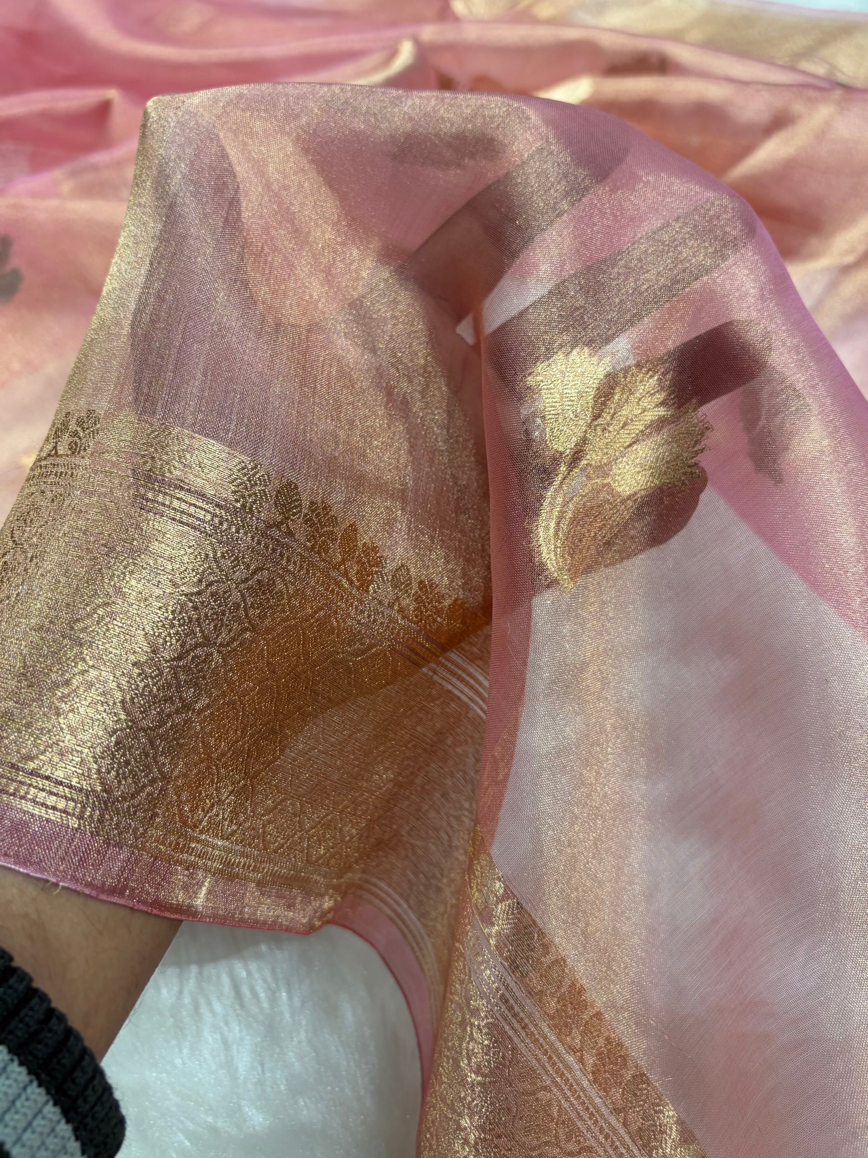 Light Peach Bananasi Floral Shades Pure Tissue Silk Saree PT-53