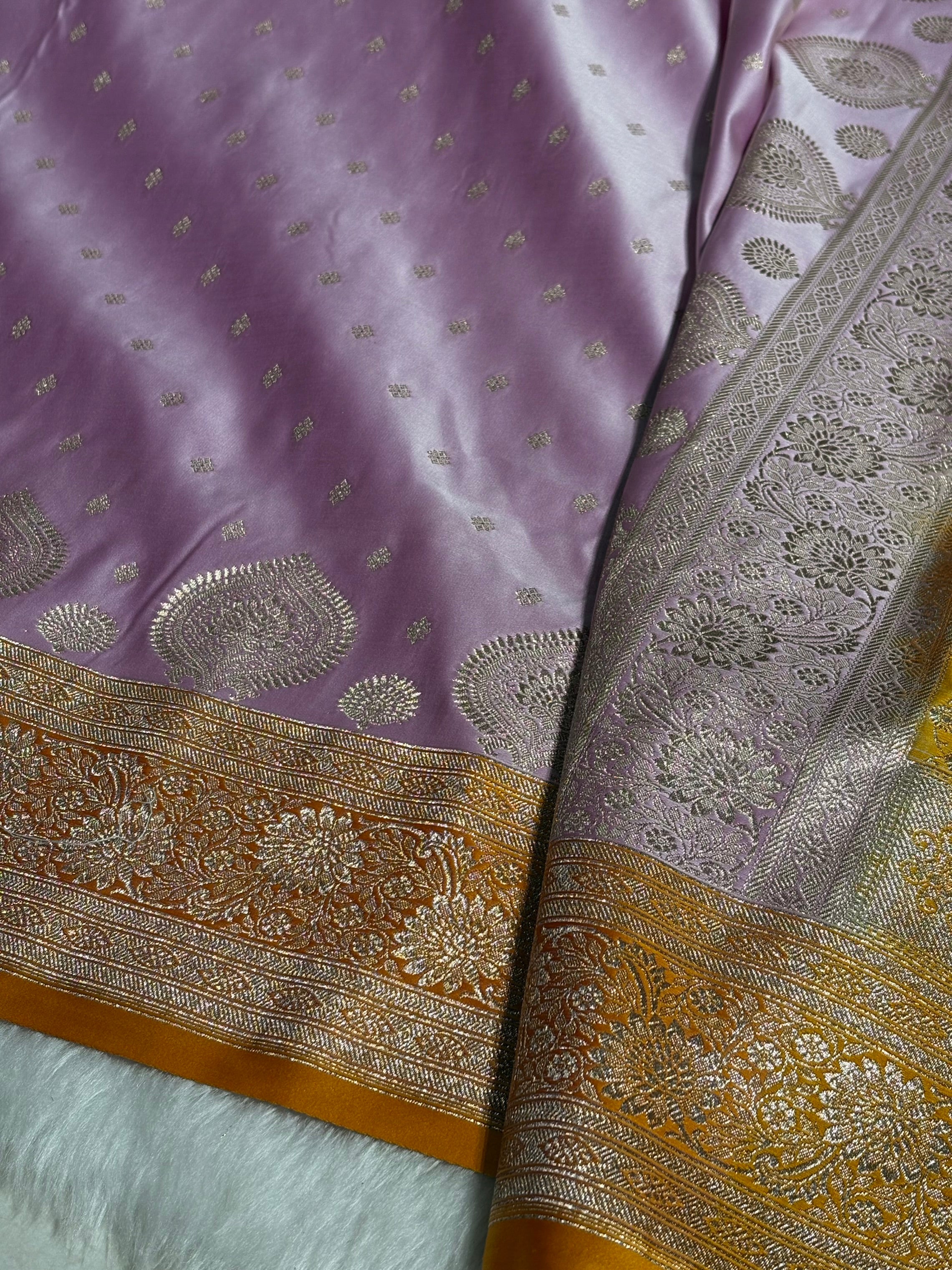 Lavender with Mustard Booti Satin Katan Silk saree SK29