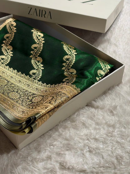 Bottle Green Contrast Shades Cross Pattern Banarasi Satin Silk Saree SS39