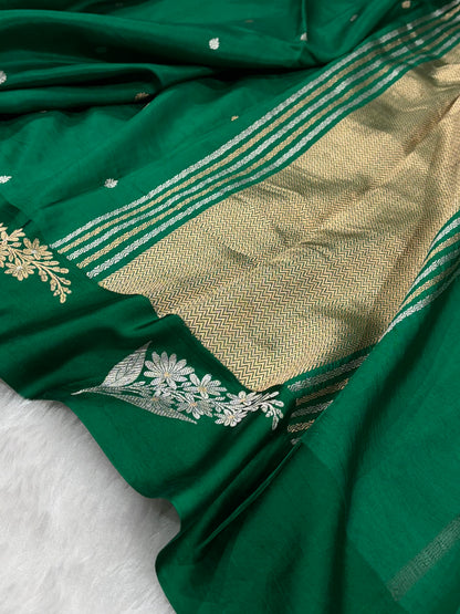 Banarasi Bottle Green Shades Meena Boota Handwoven Pure Katan Paper Silk RM-73