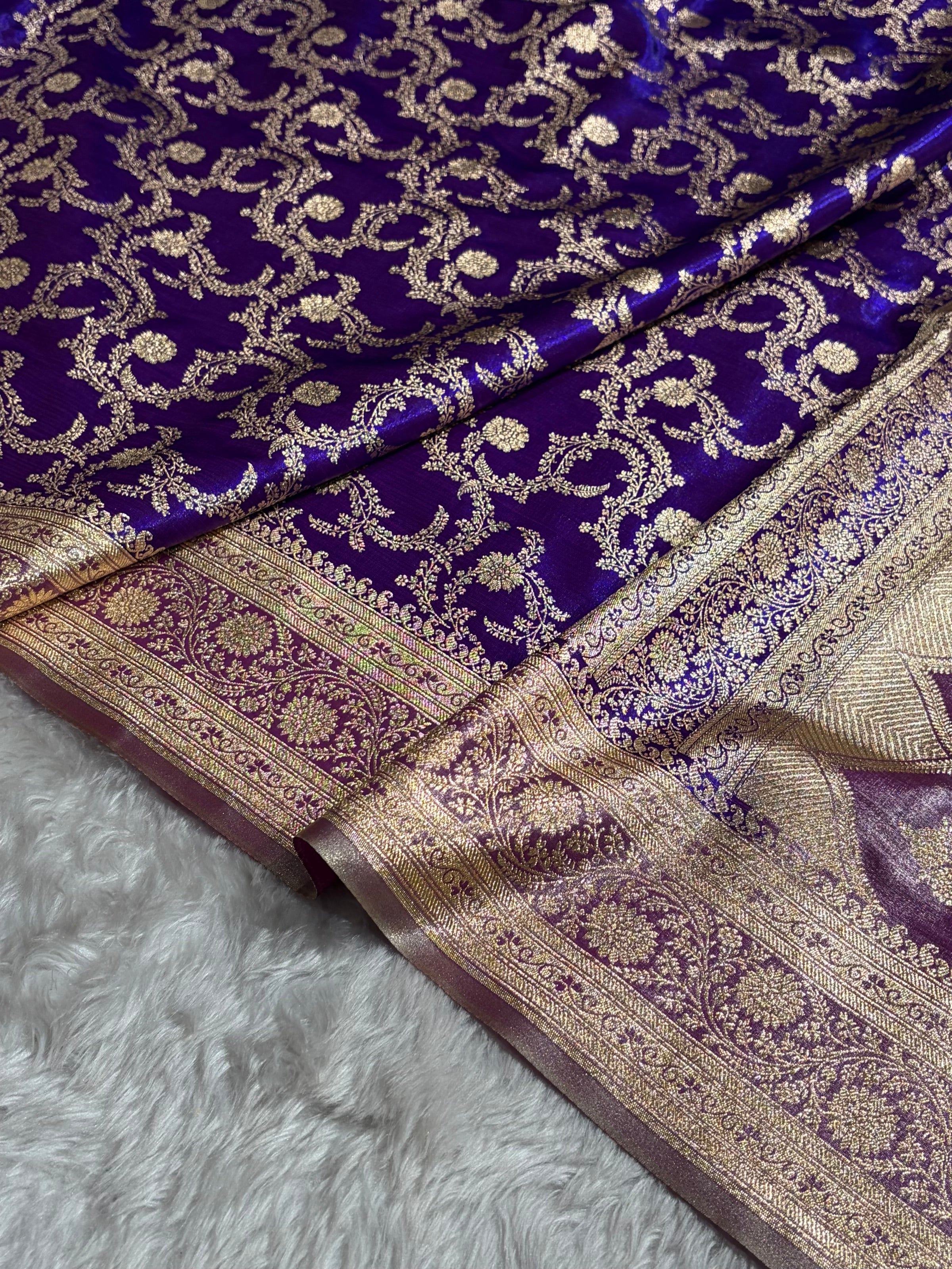 Purple Contrast Shades Jaal Pattern Banarasi Satin Silk Saree SS47