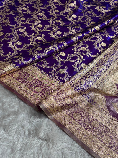 Purple Contrast Shades Jaal Pattern Banarasi Satin Silk Saree SS47