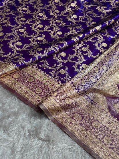Purple Contrast Shades Jaal Pattern Banarasi Satin Silk Saree SS47