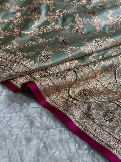 Light Mehendi Jaal With Banarasi Swarovski and Zardozi Work Pattern Satin Katan Silk Saree BSK25