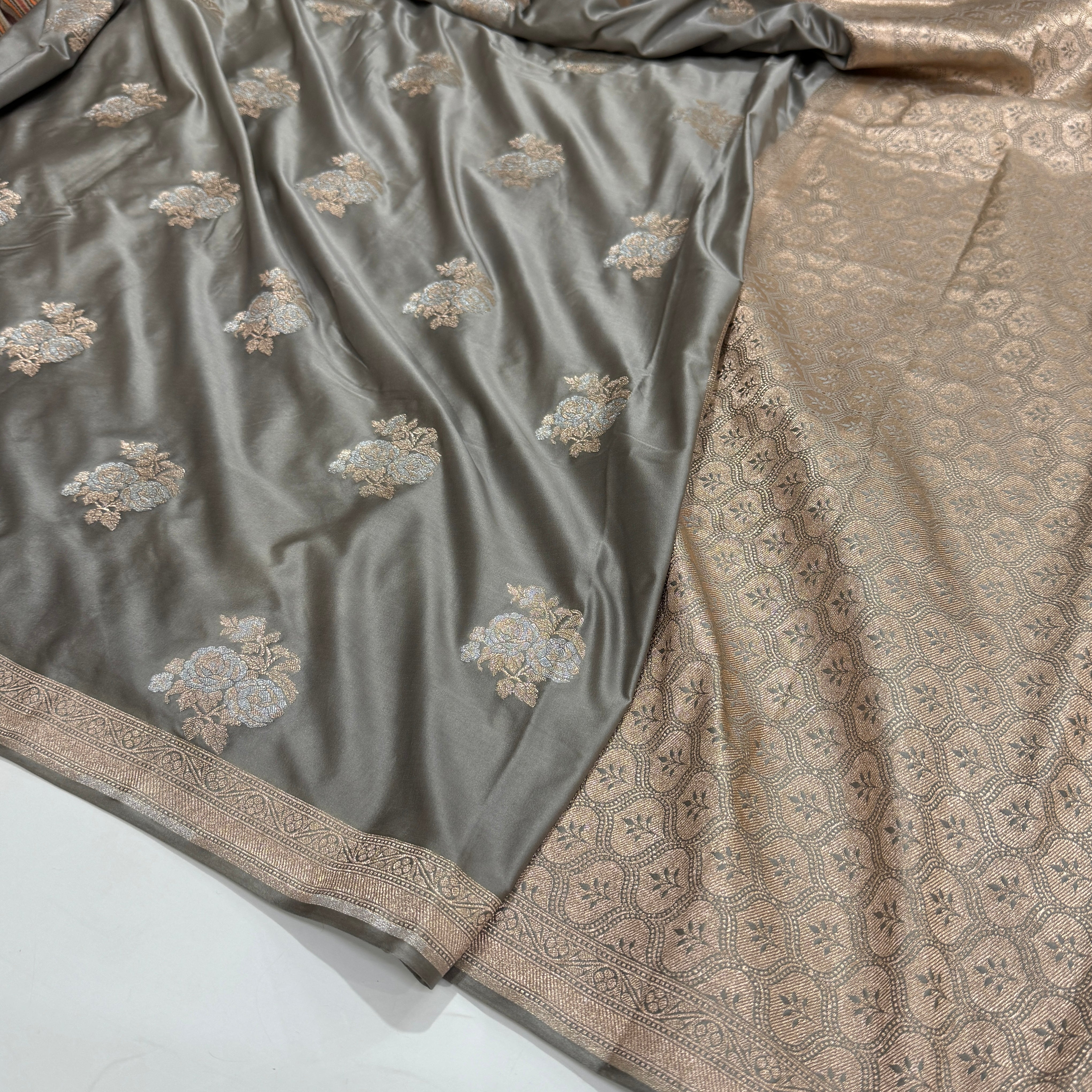 Mouse Gray Sona Rupa Floral Motif Mashru Silk Saree