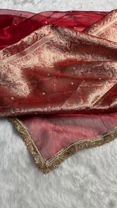 Red Shade Pure Tissue Silk Saree Moti with Gota Patti BPTGP-17