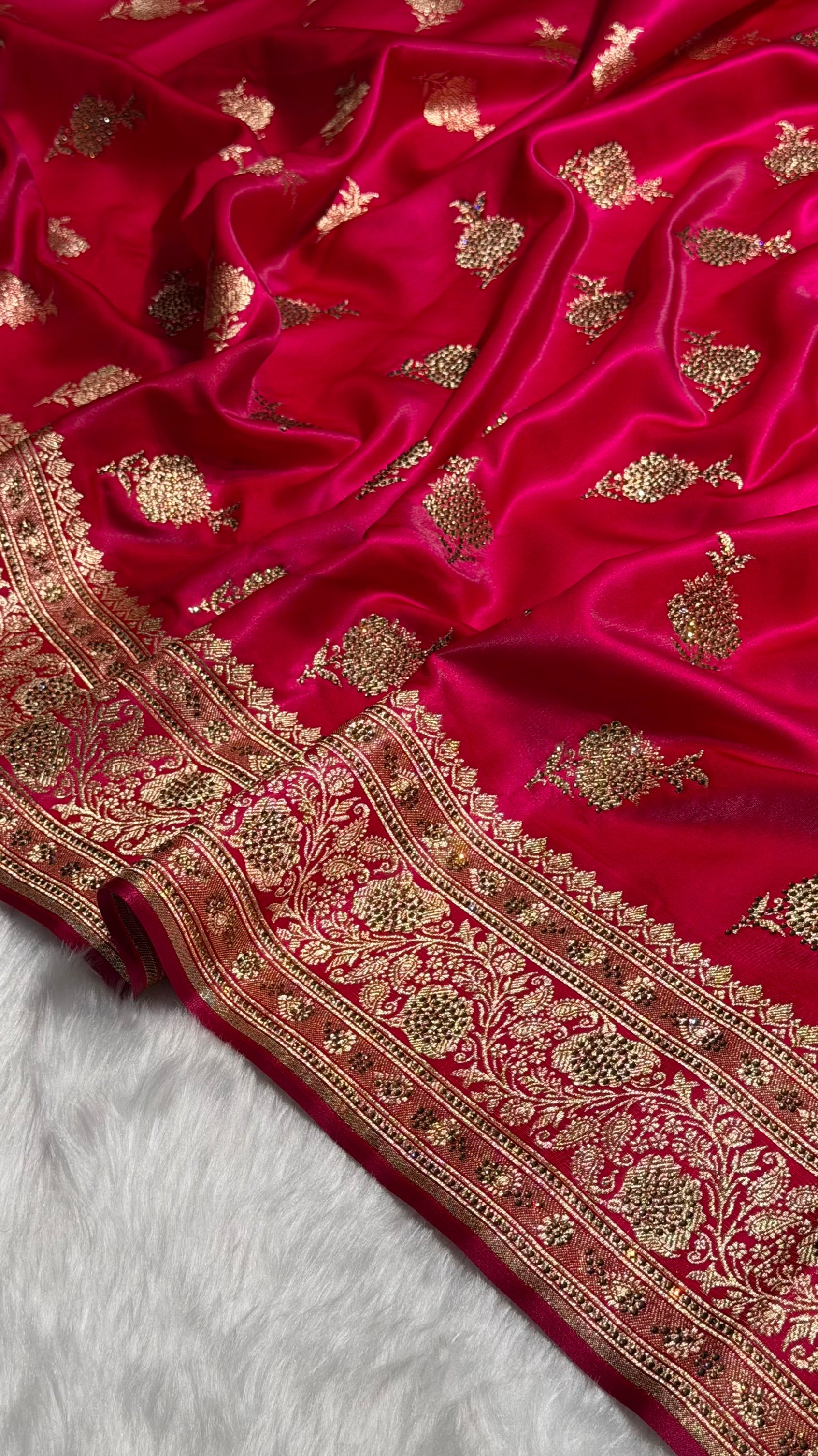 Satin Silk Saree Swarovski Work Floral Boota in Cross Rani Shades BSS26