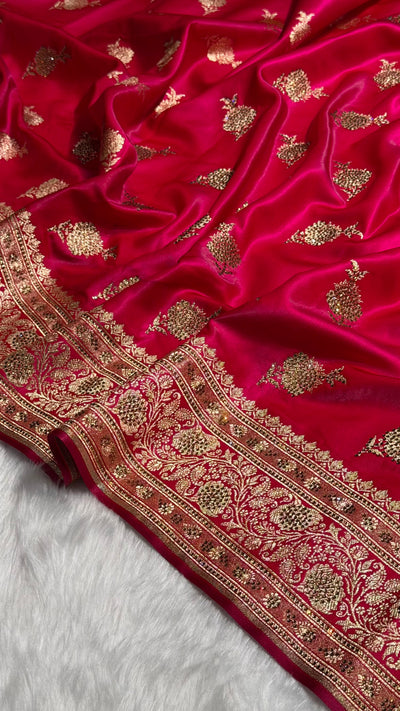 Satin Silk Saree Swarovski Work Floral Boota in Cross Rani Shades BSS26