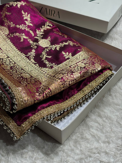 Satin Silk Banarasi Jaal In Wine Shades With Gotta Patti  SSGP14