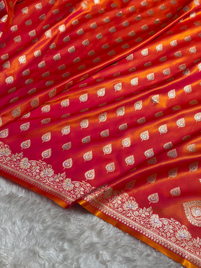 Banarasi Pinkish Orange Shades Minakari Booti Pattern Banarasi Satin Silk Saree SS60